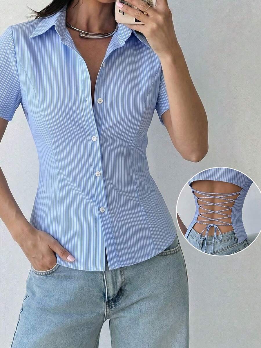 Firerie Women's Striped Back Lace-Up Design Casual Versatile Daily Outing Top - Blue - View 1