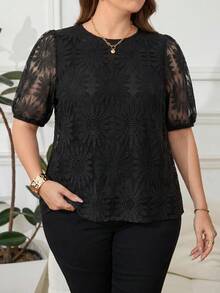 Reflora Plus Size Fashion Solid Color Cut-Out Round Neck Casual Summer Women's Top - Black - View 7