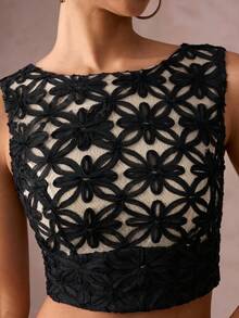 Lumalex 3D Embroidered Round Neck Backless Fitted Women's Top - Black - View 7