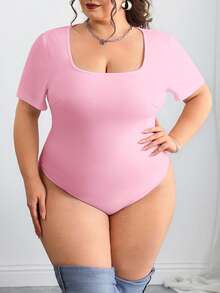 SHEIN CURVE+ 2pcs Plus Size Black & White Short Sleeve Tight Fit Bodysuit - Multicolor - View 5
