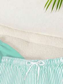 SHEIN Teen Boys Swimwear Woven Solid Color And Blue-And-White Striped Two Pieces Beach Pants With Drawstring Adjustable, Suitable For Vacation And Summer. - Mint Blue - View 4