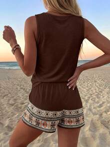 SHEIN LUNE Casual Boho Women's Round Neck Tank Top And Shorts 2 Pieces Set Suitable For Summer Vacation Dark Brown - Brown - View 2
