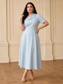 ZEYLAH Asymmetric Oblique Collar Short Sleeve Ruched Waist Dress - Sky Blue - View 5