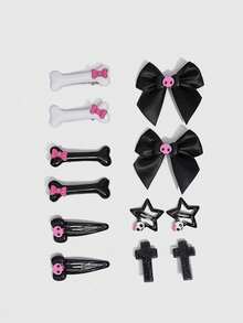 ROMWE Anime 12PCS Sweet & Cool Hair Clips Set, Bow & Bone Hair Pins, Black & Pink Cross Skull Bangs Clips For Halloween Styling - Color 1 - View 8