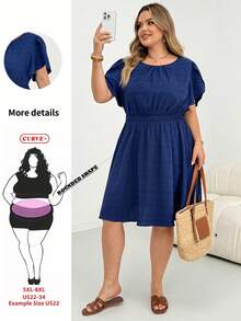 SHEIN CURVE+ Robe mi-longue à manches en pétale et taille cintrée pour femmes grandes tailles - Bleu azur - Voir 2