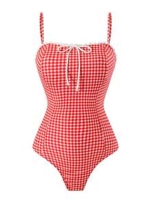 Swim Oasis 夏季海灘女款兩件套 1件式咖啡色格紋印花平口荷葉邊連身泳衣 + 網紗層次裙 優雅海濱泳裝套裝 - 紅色 - 查看 6