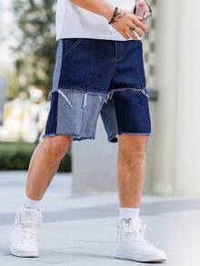Manfinity LEGND Pantalones cortos de mezclilla holgados y casuales para hombre con dobladillo deshilachado, pierna ancha y bolsillos laterales - Azul - Ver 4