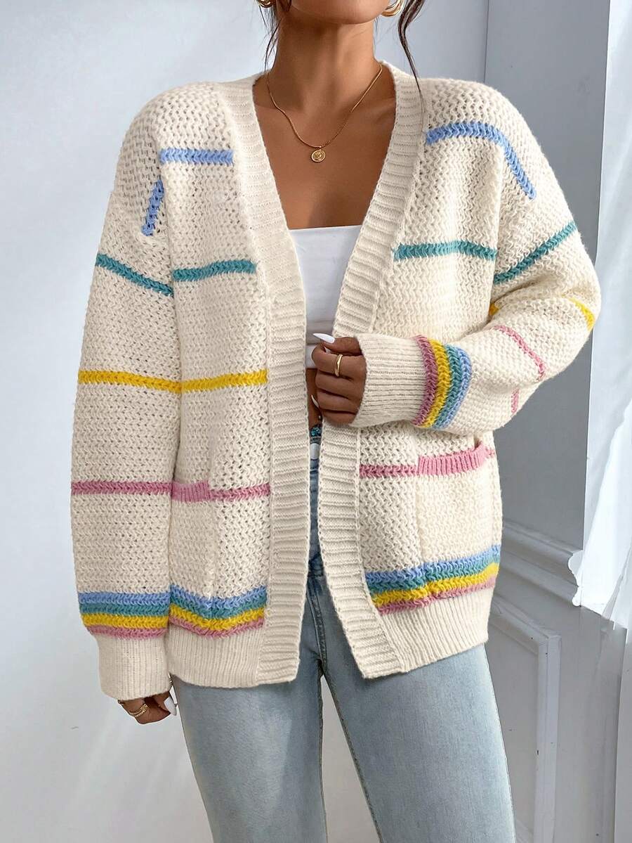 SHEIN Áo khoác cardigan trễ vai họa tiết sọc nhiều màu, áo dài tay - Nhiều màu - Xem 1