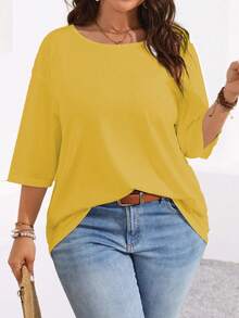 Camiseta de talla grande para mujer de unicolor, cuello redondo, casual, versátil, para uso diario - Amarillo - Ver 5