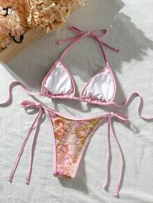 Swim Vcay Swim Bonvoyette 2件組 春夏度假花卉亮片紋理面料掛脖三角比基尼上衣與側綁比基尼褲女款性感泳衣套裝 - 彩色 - 查看 2