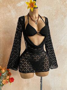 Soleia Women's 3-Piece Sexy Bikini Swimsuit With Coffee Color Mesh Cover-Up Skirt, Fashionable Sexy Swimwear Bathing Suits For Women - Black - View 6