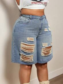 Slaydiva Plus Size Women Summer Cowgirl Style Blue Non-Stretch Distressed Straight Leg Pants - Light Wash - View 4