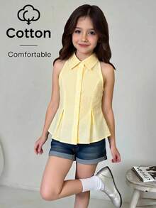 SHEIN Tween Girl Yellow Summer Elegant And Classy Vacation Back-To-School Collared Sleeveless Pleated Cinched Waist A-Line Button-Front Shirt Blouse - Yellow - View 1