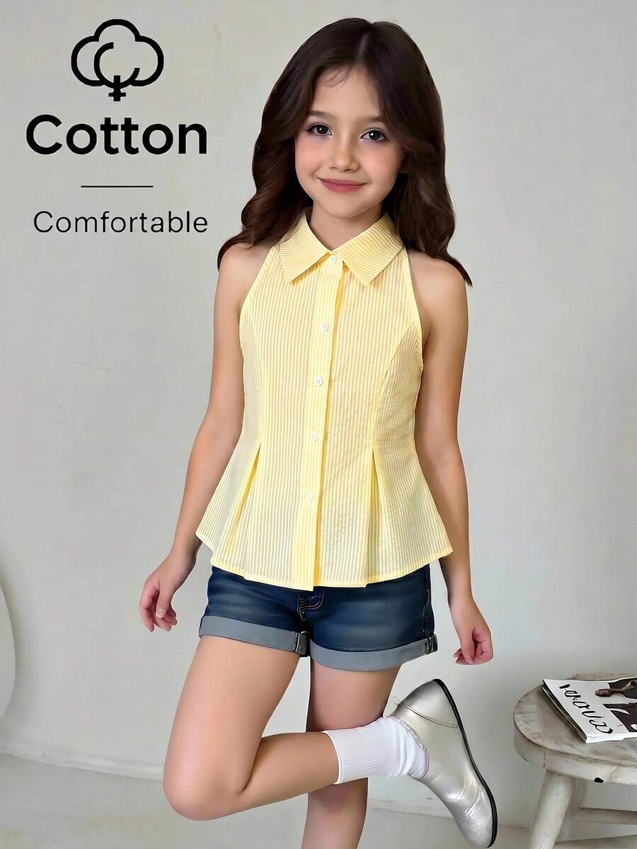 SHEIN Tween Girl Yellow Summer Elegant And Classy Vacation Back-To-School Collared Sleeveless Pleated Cinched Waist A-Line Button-Front Shirt Blouse - Yellow - View 1