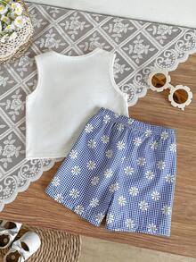 SHEIN BABY GIRL Summer Blue Set Textured Sleeveless Top Blue Plaid Shorts Decorated With Blue Bows Daily Outing Essential - Blue - View 2