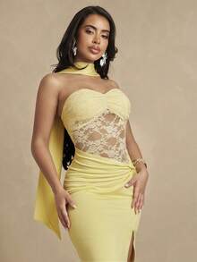 Silquee Lace Patchwork Hem Twisted Knot Sexy Evening Dress For Women - Yellow - View 6