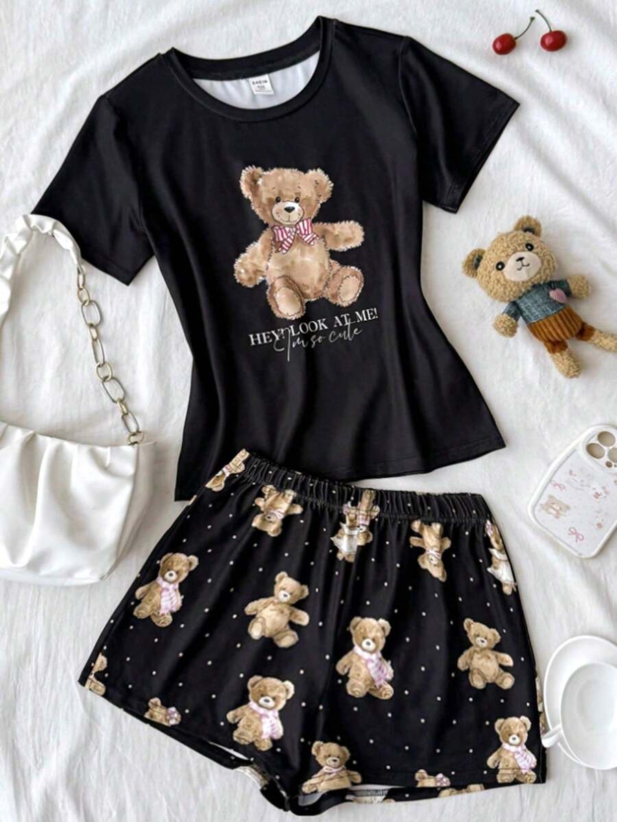 SHEIN 少女睡衣,舒适针织面料,可爱卡通熊印花 - 黑色 - 查看 1