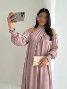 Yasmyna 女士春夏粉色长袖交叉扭结露背A字优雅浪漫阿拉伯风连衣裙 - 粉色 - 查看 6