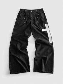 ROMWE MEN Goth Men's Fashionable Casual Denim Jeans - Black - View 1