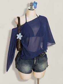 SHEIN ICON 大尺碼雪紡外套三角杯繫帶背心女款2件組 - 藏蓝色 - 查看 8