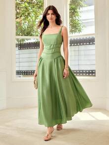 MOTF PREMIUM SPRING/SUMMER WOMEN'S TEXTURED WAIST-CINCHED FLARED STRUCTURE DESIGN DRESS - Green - View 4