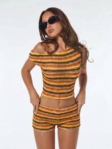 SHEIN ICON 女款條紋不對稱領短版上衣與短褲兩件套裝 - 彩色 - 查看 3