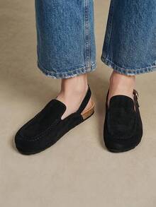 Solecia Sepatu slip-on datar wanita terbaru, sandal setengah belakang terbuat dari bahan suede imitasi, dengan desain tali belakang. Sederhana, nyaman, dan serbaguna, cocok untuk bepergian, berbelanja, berjalan-jalan, dan berlibur. - Hitam - View 8