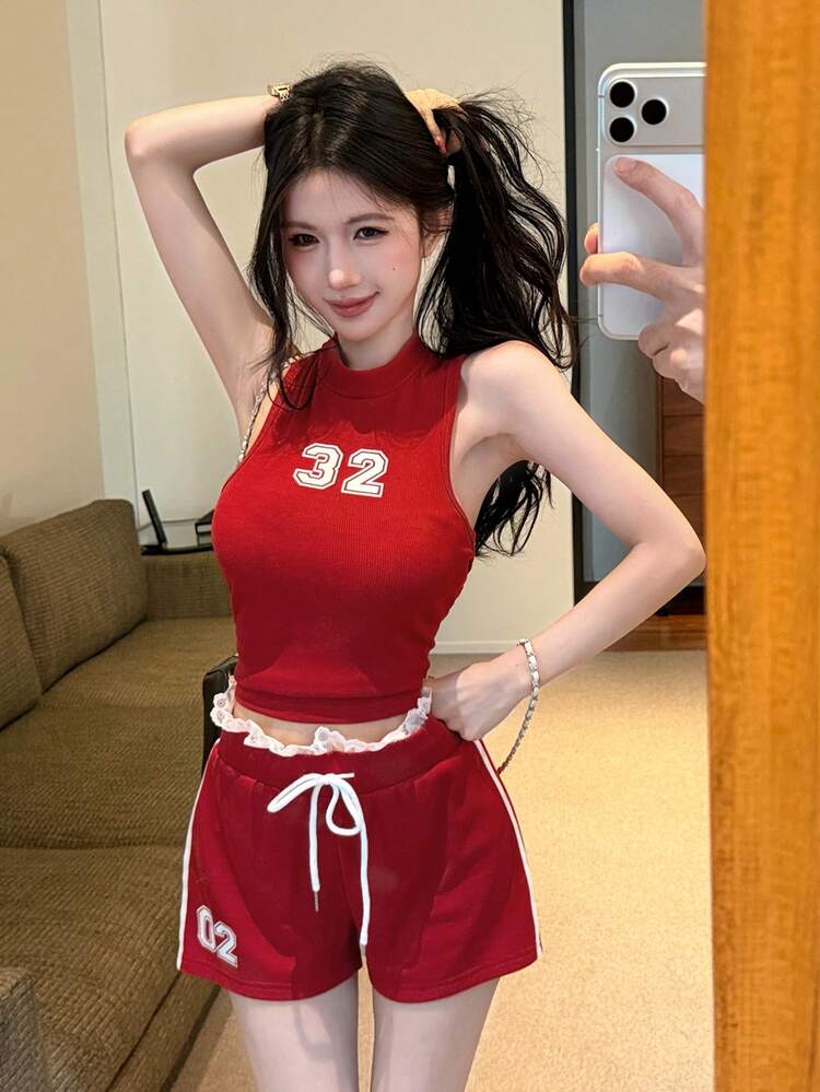 Summer Minimalist Sexy Football Baby Sports Style Fitted Top & Short Shorts 2 Pieces Set For Women