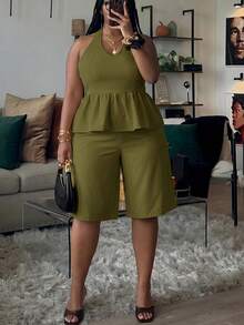 Veslaya Plus Size Solid Color Halter Neck Backless Top And Shorts Casual 2-Piece Set - Army Green - View 3