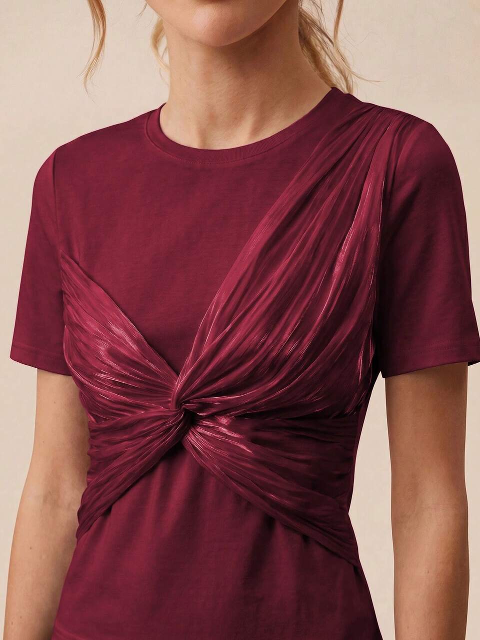 High Quality Fashion Standard Size Women's Spring Summer Elegant Gentle Pink Top Round Neck Twist Design Waist-Defining Slimming Short Sleeve T-Shirt Casual Date Elegant Top