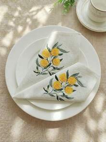 Cirelle 1/2/4入 新鮮檸檬刺繡布餐巾，米色棉麻可重複使用織物餐巾，可用作餐墊、廚房餐桌餐巾，適用於節日、派對、婚禮、農舍風格用餐與居家裝飾 - 黃色 - 查看 3