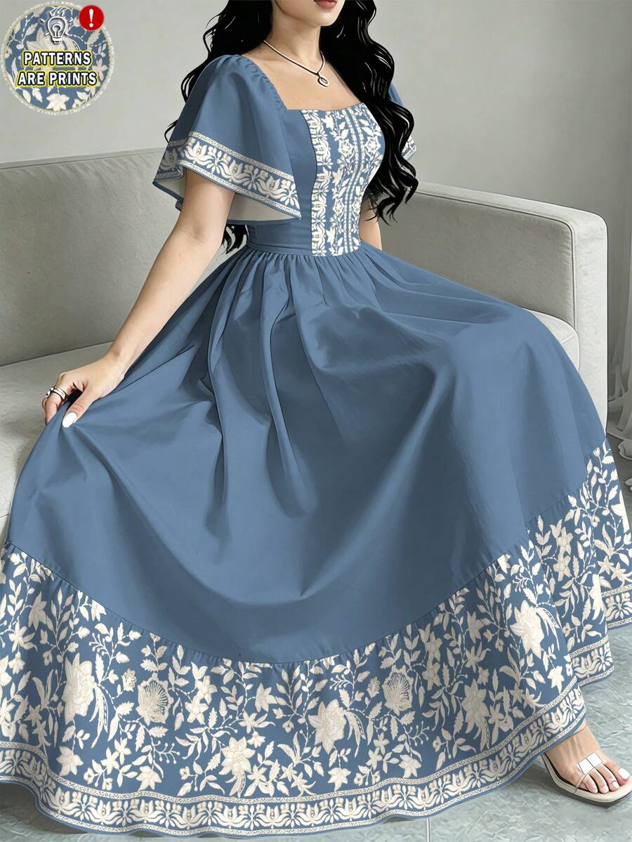 Modelyn 花卉印花時尚方領短袖洋裝,夏季收腰中長洋裝,花卉圖案黑色長洋裝 - 彩色 - 查看 1