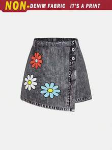 SHEIN Leap Crew Tween Girl Casual Floral Asymmetrical Hem Skort - Light Grey - View 1