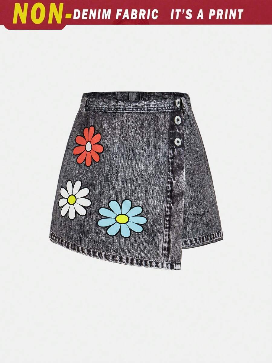 SHEIN Leap Crew Tween Girl Casual Floral Asymmetrical Hem Skort - Light Grey - View 1