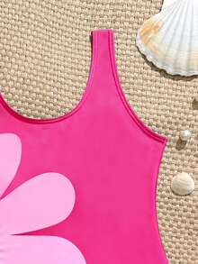 Baju Renang Terusan Motif Bunga Potongan Samping untuk Anak Perempuan, Modis, Cocok untuk Liburan di Pantai - Hot Pink - View 3