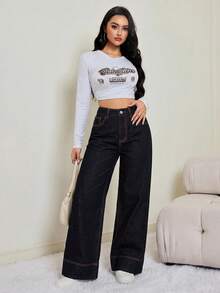 SHEIN PETITE 娇小款女士高腰深蓝色阔腿牛仔裤，休闲日常及办公裤装；女士高腰阔腿牛仔裤，休闲夏季优雅日常穿搭；女士宽松口袋喇叭裤休闲牛仔裤 - 深色水洗藍 - 查看 6