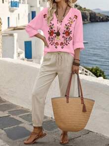 SHEIN Holidaya Women's Vacation Style Floral Embroidered V-Neck Knit Top, Beach T-Shirt, Bohemian Boho Pink Floral Autumn - Pink - View 6