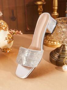 CUCCOO TILAWA Women Shoes Slip-On Design Square Heel Silver Rhinestone Upper High Heel Sandals Suitable For Parties, Daily Wear, Evening Wear, Heightening And Elongating Legs Summer - Silver - View 7