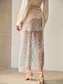 Anewsta Summer Fashion Elegant Ocean Shell Iridescent Sequin Mid-Waist Women's Skirt - Apricot - View 3