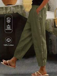 Linhara CURVE Pantalones rectos de unicolor para mujer de talla grande, con botones laterales y bolsillos, pantalones de verano de algodón y lino - Verde militar - Ver 1