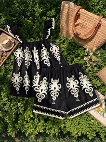 SHEIN 青少年女孩全身印花上衣與短褲休閒日常套裝 - 黑與白 - 查看 2