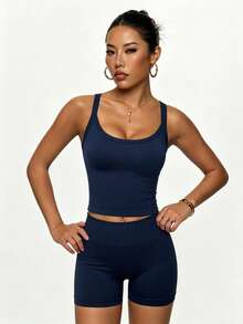 Easithlete Easithlete 春夏女士运动套装背心健身服紧身跑步服高弹力健身瑜伽服居家休闲舒适亲肤 - 藏蓝色 - 查看 4