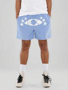 FORM&CHAOS Men's Loose Waist Elastic Waist Printed Light Blue Shorts, Summer - Baby Blue - View 4