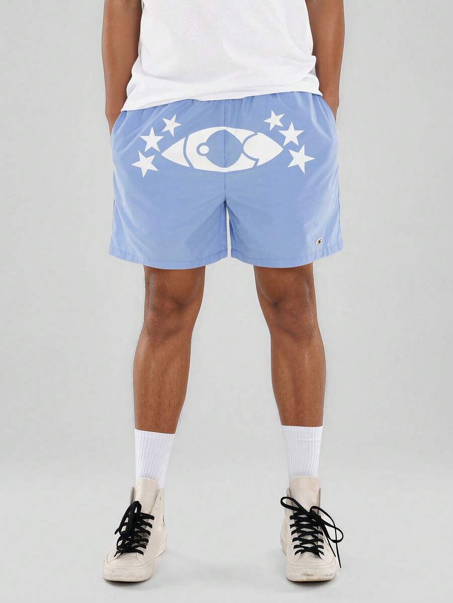 FORM&CHAOS Men's Loose Waist Elastic Waist Printed Light Blue Shorts, Summer - Baby Blue - View 1