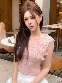 DAZY 女款 3D 花卉裝飾 羅紋修身時尚背心上衣 夏季 - 粉色 - 查看 4
