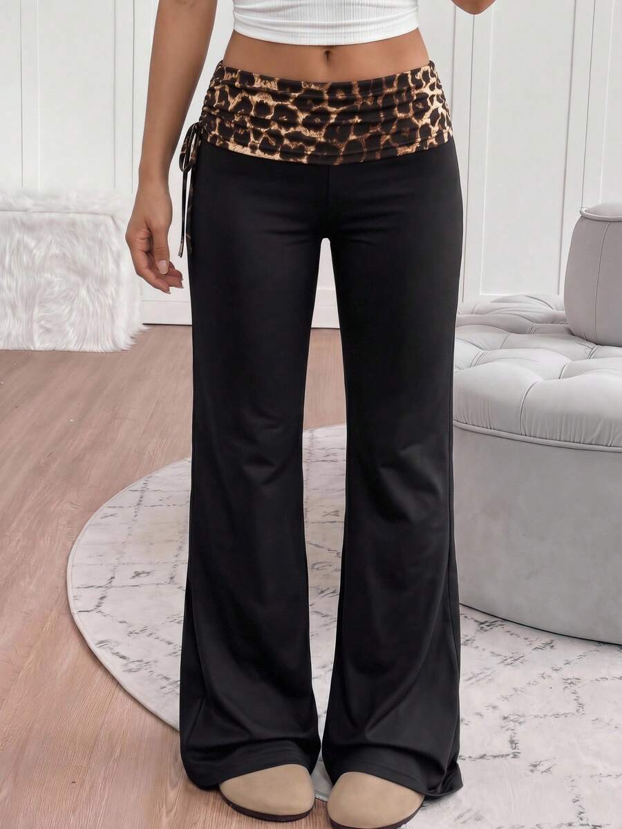 Tween Girls Tween Girl Vintage Side Drawstring Y2K Patchwork Leopard Print Flare Pants, Streetwear - Black - View 1