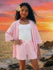 Travachic KIDS Tween Girl Vacation Drop Shoulder Kimono Shirt And Shorts Set - Pink - View 6