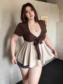 Vibekara Camiseta de mujer 2 en 1 talla grande primavera/verano, cuello en V, manga corta, cintura ceñida, línea A, lazo con nudo, bloques de color, elegante, vintage, juguetona, linda, deseo puro, estilo francés, vacaciones, casual - Multicolor - Ver 5