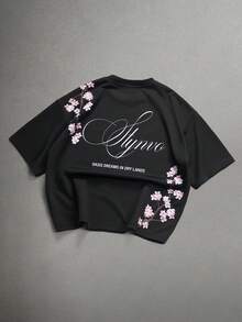 STYNVO Kaos Pria Fashion Motif Bunga & Huruf, Leher Bulat, Lengan Pendek - Hitam - View 6