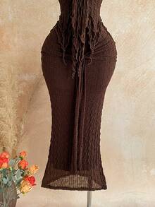 Soleia Women's Solid Color Metal Decor Ruffle Halter Top And Skirt Casual Daily Set - Brown - View 5